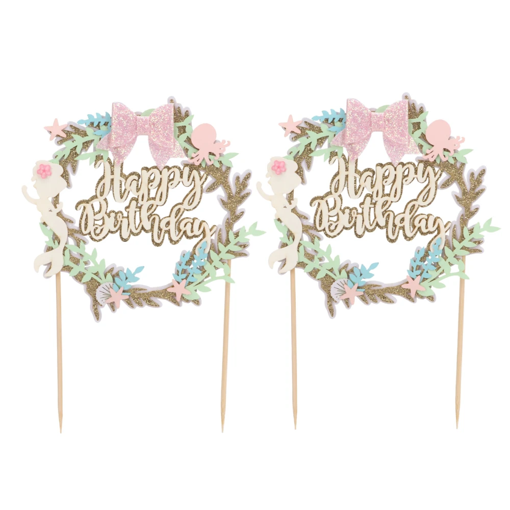 2Pcs Cake Toppers Pink Bow Sparkling Exquisite Safe Degradable Happy Birthday Cake Decoration