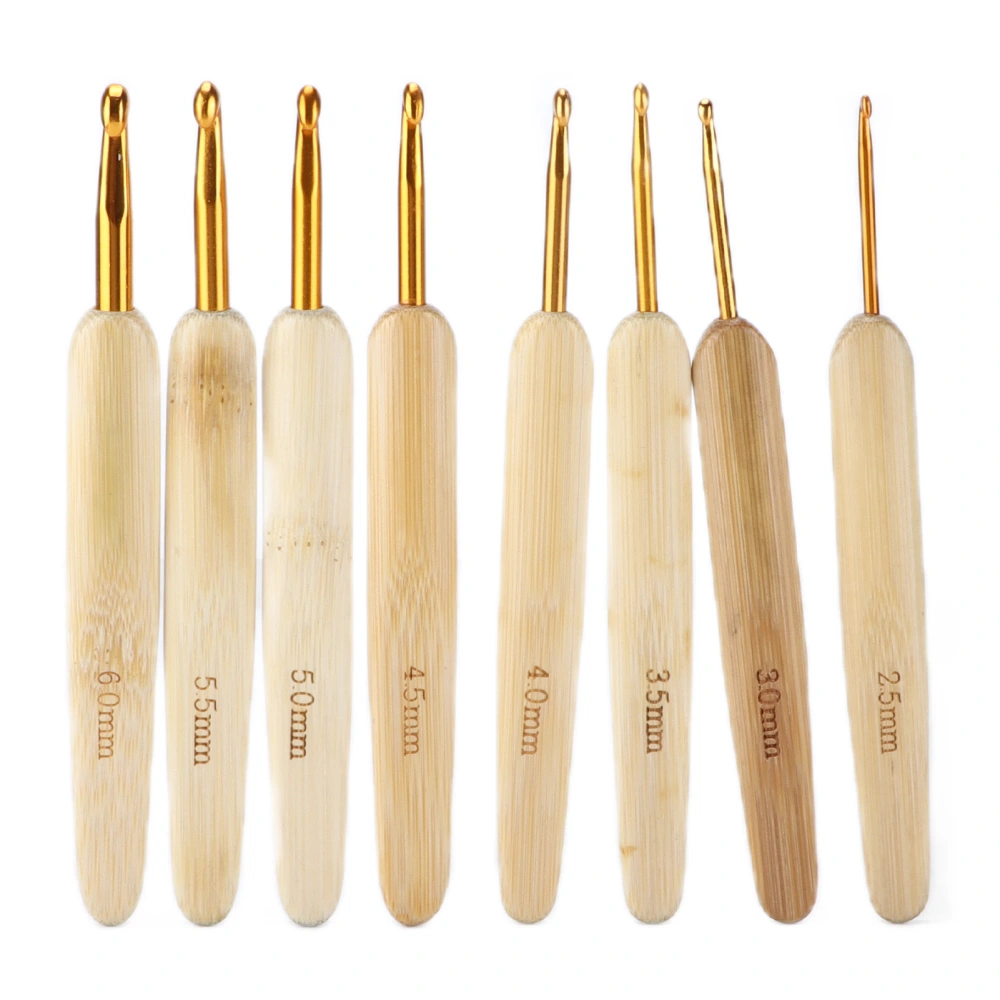 8pcs Crochet Hooks Alumina Needle Bamboo Handle Golden Weaving Tools for Handicraft Lovers