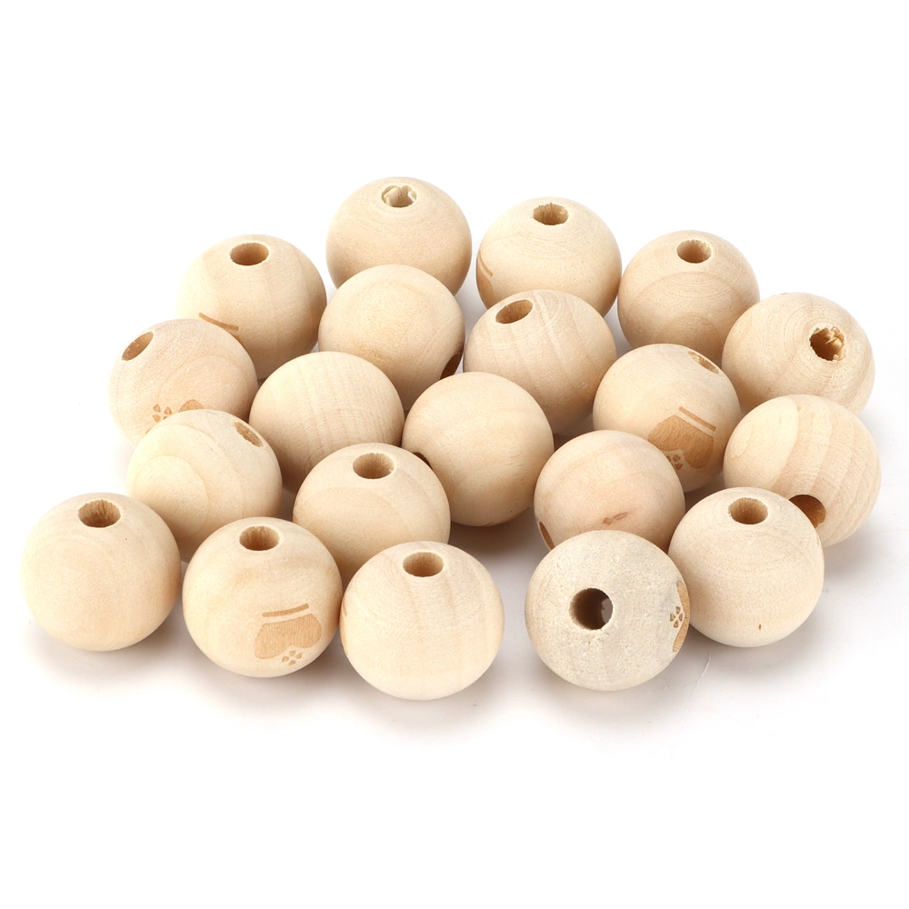 20pcs Wooden Beads Round Wood Color Cute Pattern Beads Bulk with Hole for DIY Handicraft Graffiti Decoration Gift