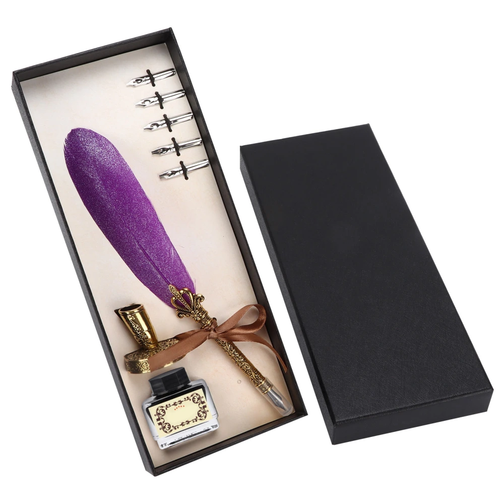 Feather Pen Set Vintage Ink Carved Metal Pen Writing Suit for Business Gift Table DecorationDark Purple