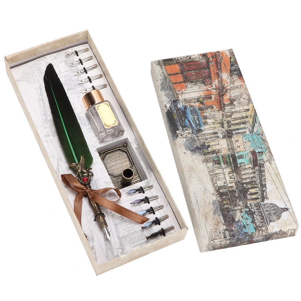 Feather Pen Set Vintage Creativity Ink Carving Writing Suit for Lover Teacher Classmate GiftBlack Green