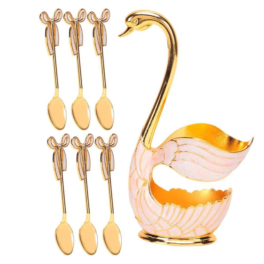 Tableware Sets Coffee Fruit Dessert Spoons Household Tableware with Swan Holder Decoration(Golden White Spoon )