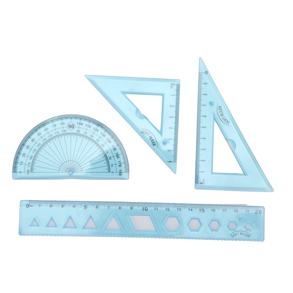 Ruler Kit FourPiece Soft Plastic Transparent Blue Angle Length Measuring Tools with Wavy Line for Kids Students