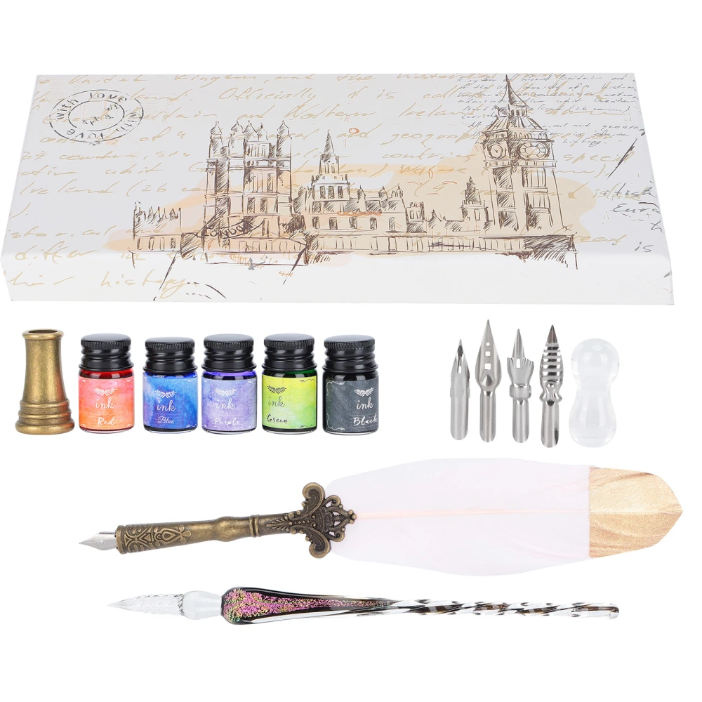 Calligraphy Pen Set Glass Ink Feather Fountain Pen with Replaceable Nib Writing Gift Box KitSP118839 Gold Head Pink