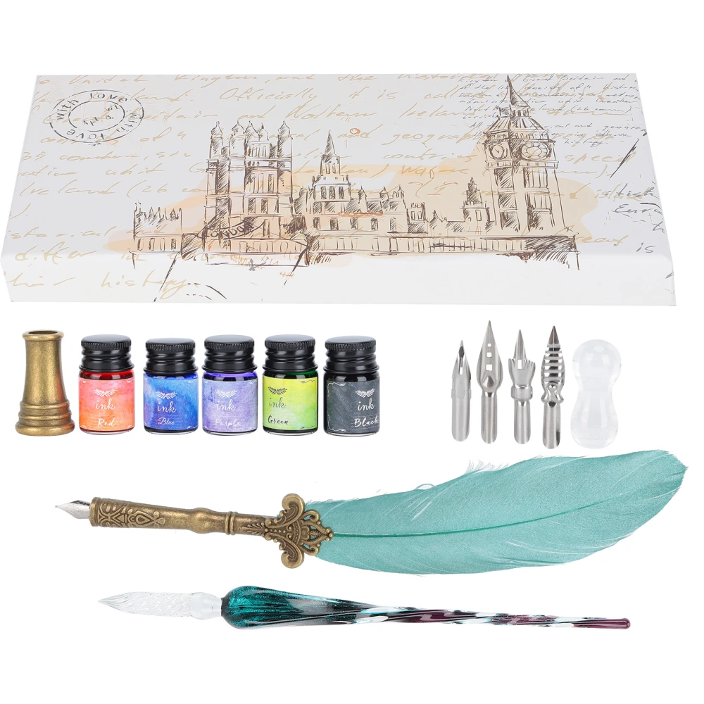 Calligraphy Pen Set Glass Ink Feather Fountain Pen with Replaceable Nib Writing Gift Box KitSP118043 Pearlescent Dark Green