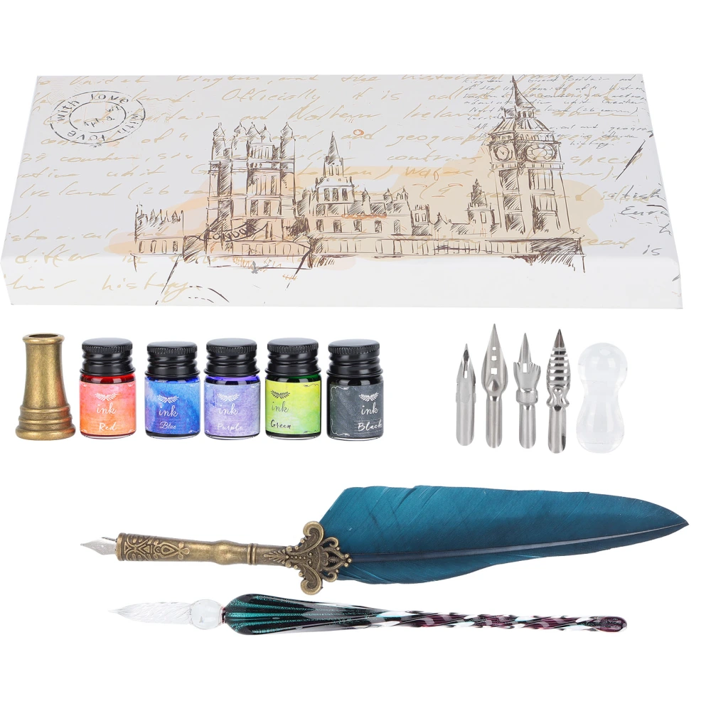 Calligraphy Pen Set Glass Ink Feather Fountain Pen with Replaceable Nib Writing Gift Box KitSP118033 Navy