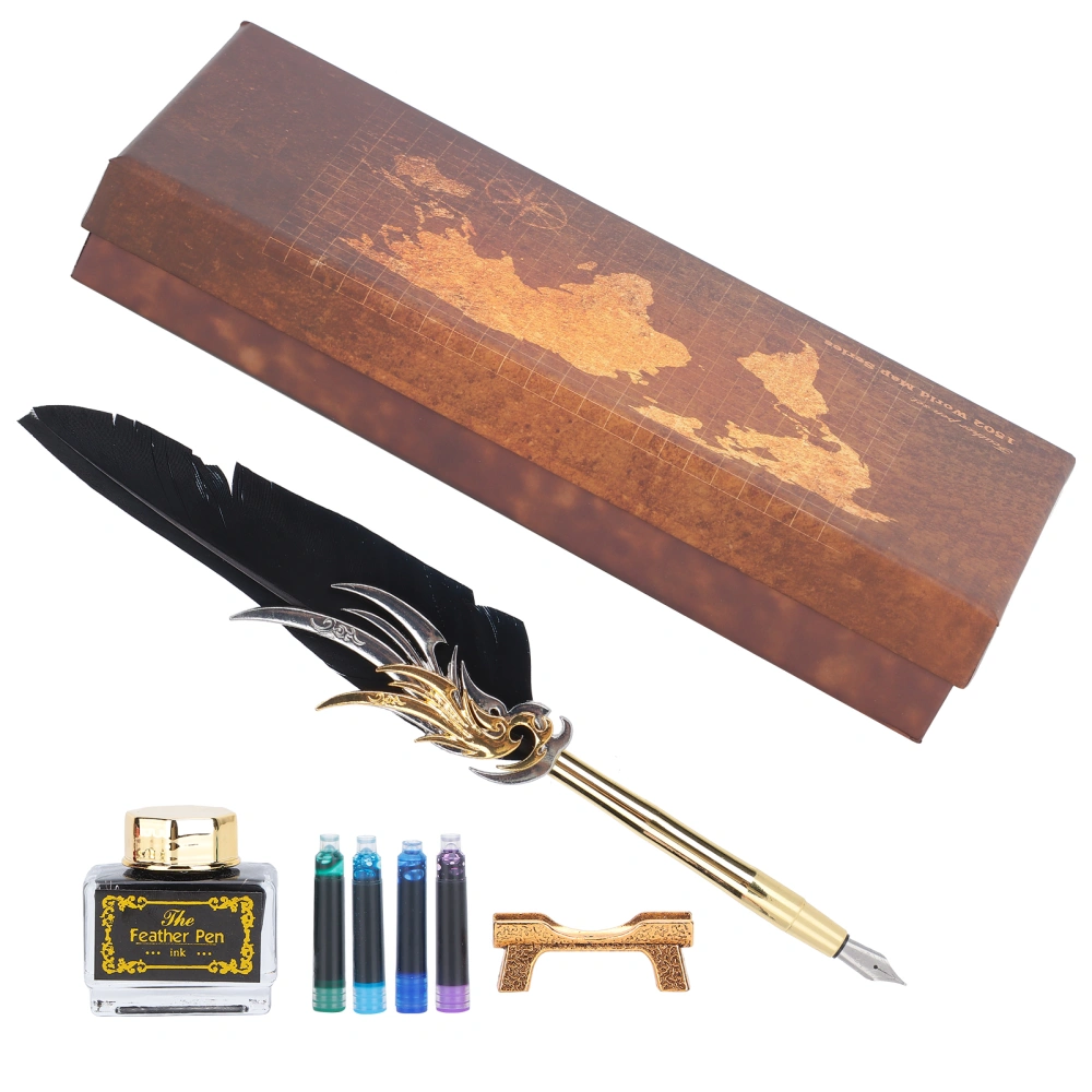 Feather Pen Calligraphy Writing Vintage Set Metal Retro Dip Quill Kit with Ink Sac SP270Black