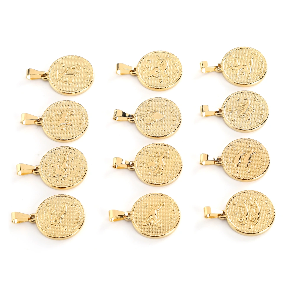 12PCS Zodiac Sign Pendant Stainless Steel Golden Plating Flat Round for Women Men