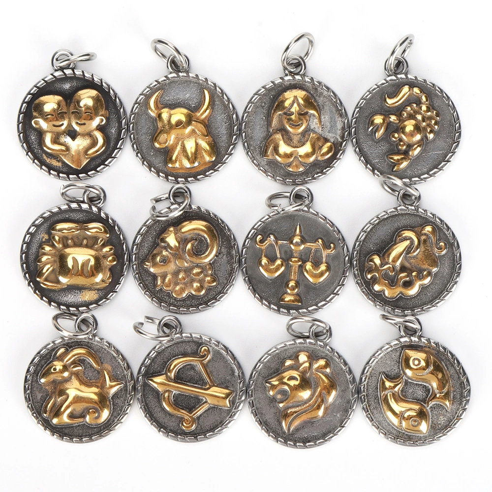 12Pcs Constellations Pendant Stainless Steel Round Shape Decoration DIY Jewelry Supplies