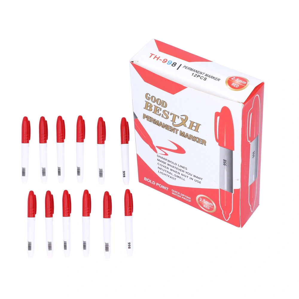 12Pcs Permanent Markers ThickHeaded QuickDrying Plastic Metal Coloring Doodling Marking Pen(Red )