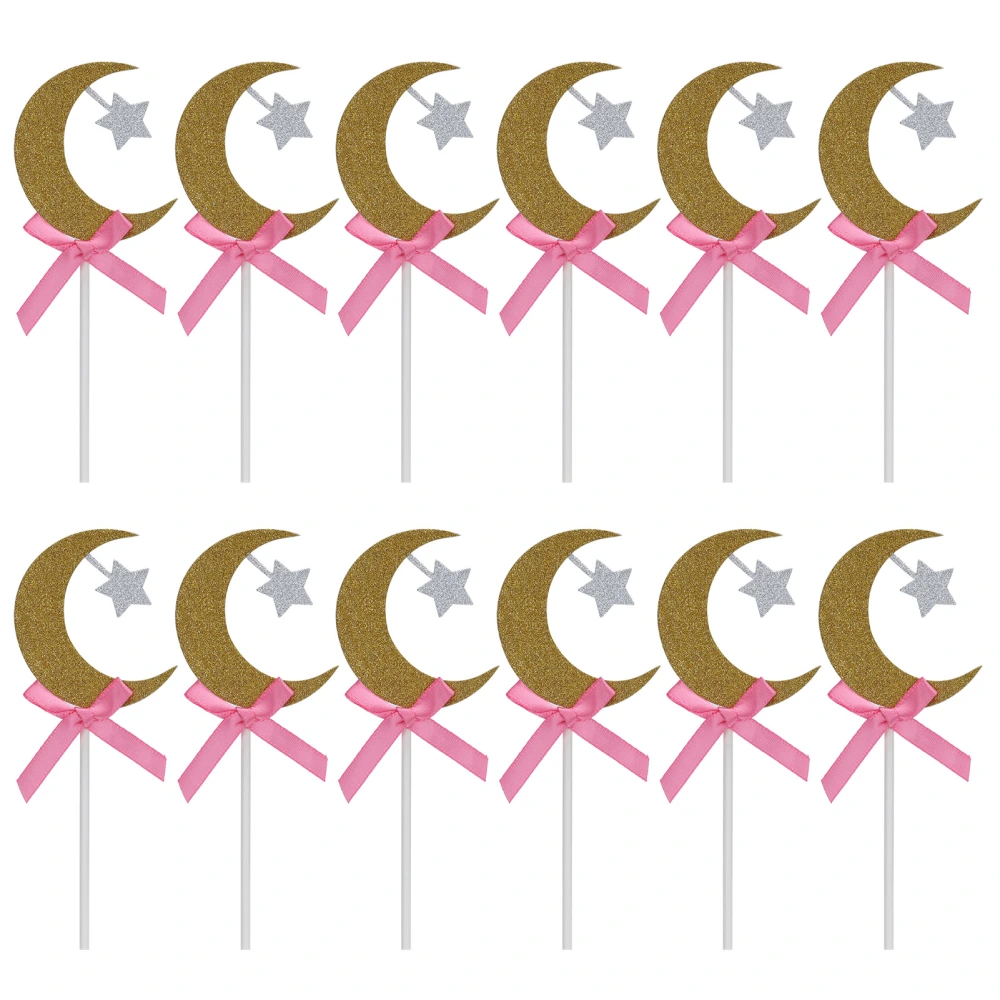 12Pcs Cake Insert Golden Moon Star Cake Topper with Pink Bowknot Wedding Birthday Party Decoration