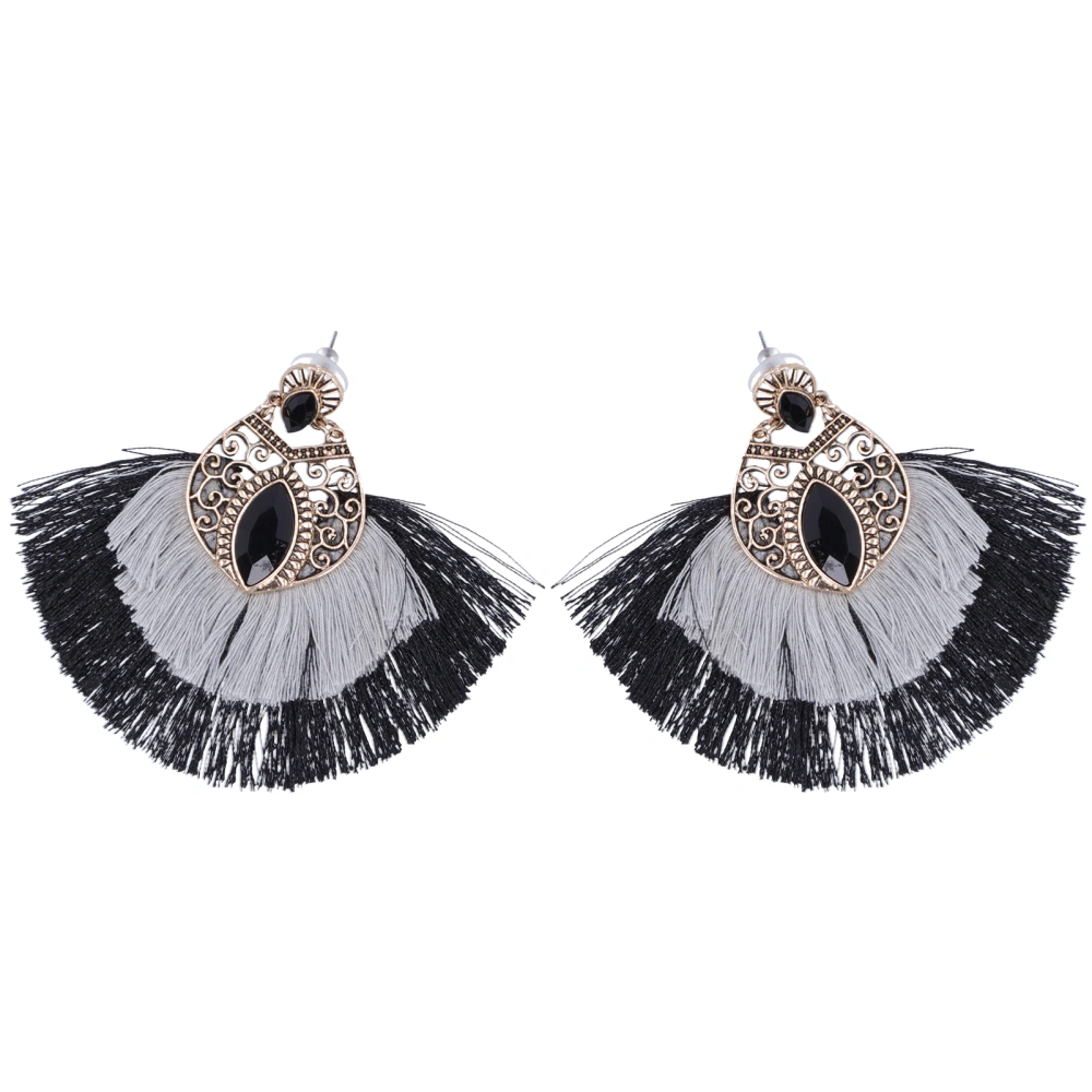 1 Pair Retro Alloy Double Tassel Fanshaped Earring Ethnic Eardrop for Women Girls Black Gray