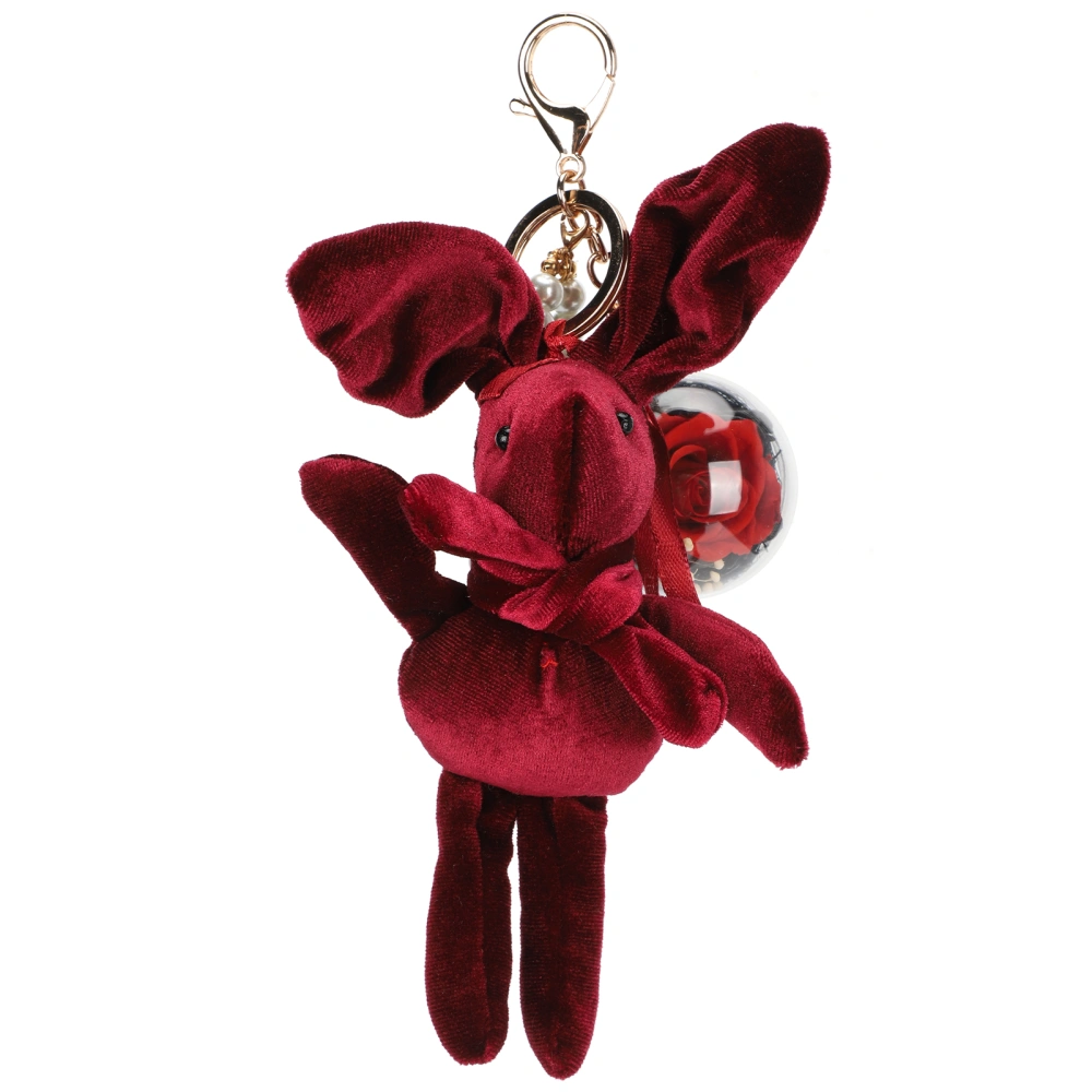 Cute Key Chain Fluffy Rabbit Simulation Flower Keyring Pendant Decor for Bag Backpack Wonderful Gift(Burgundy Rabbit Red Flower )