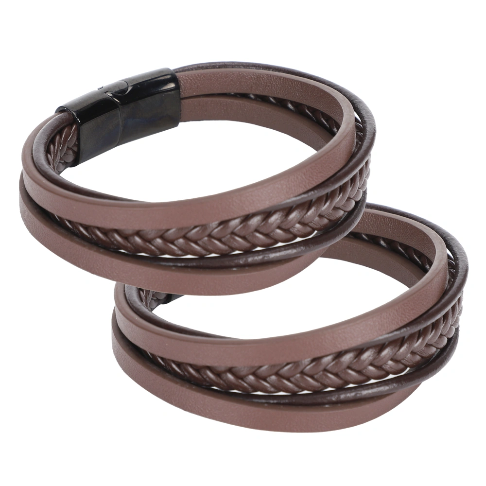 2Pcs Bracelet with Magnetic Clasp Vintage Hand Knitting Multi Layer Wristband Gifts(Brown PU Leather with Black Clasp )