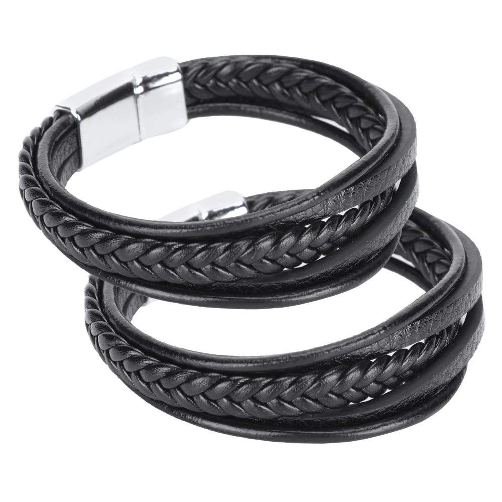 2Pcs Bracelet with Magnetic Clasp Vintage Hand Knitting Multi Layer Wristband Gifts(Black PU Leather with Alloy Clasp )