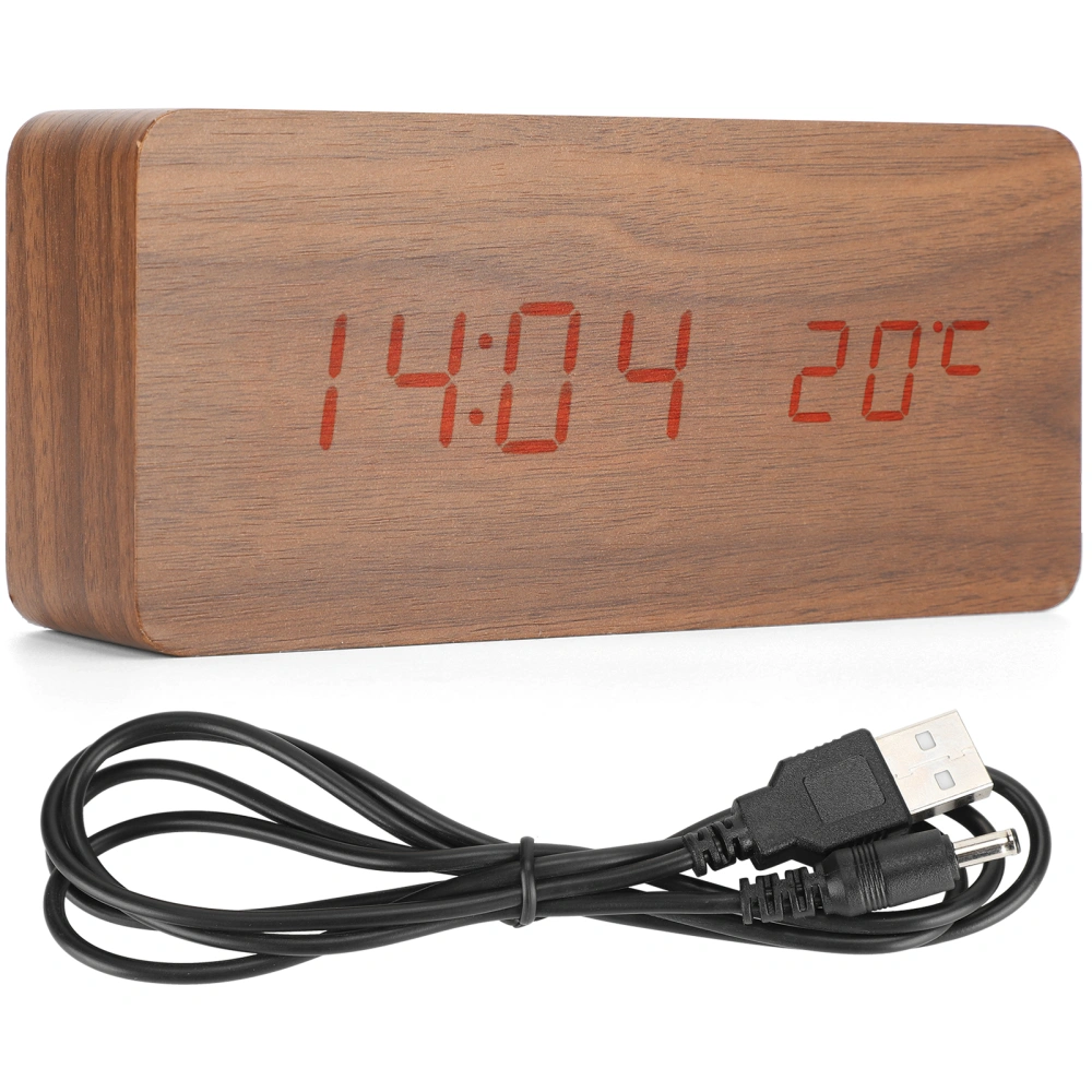 Digital Alarm Clock Bedside LED Smart Electronic Sound Control Wood Grain USB Office Decoration