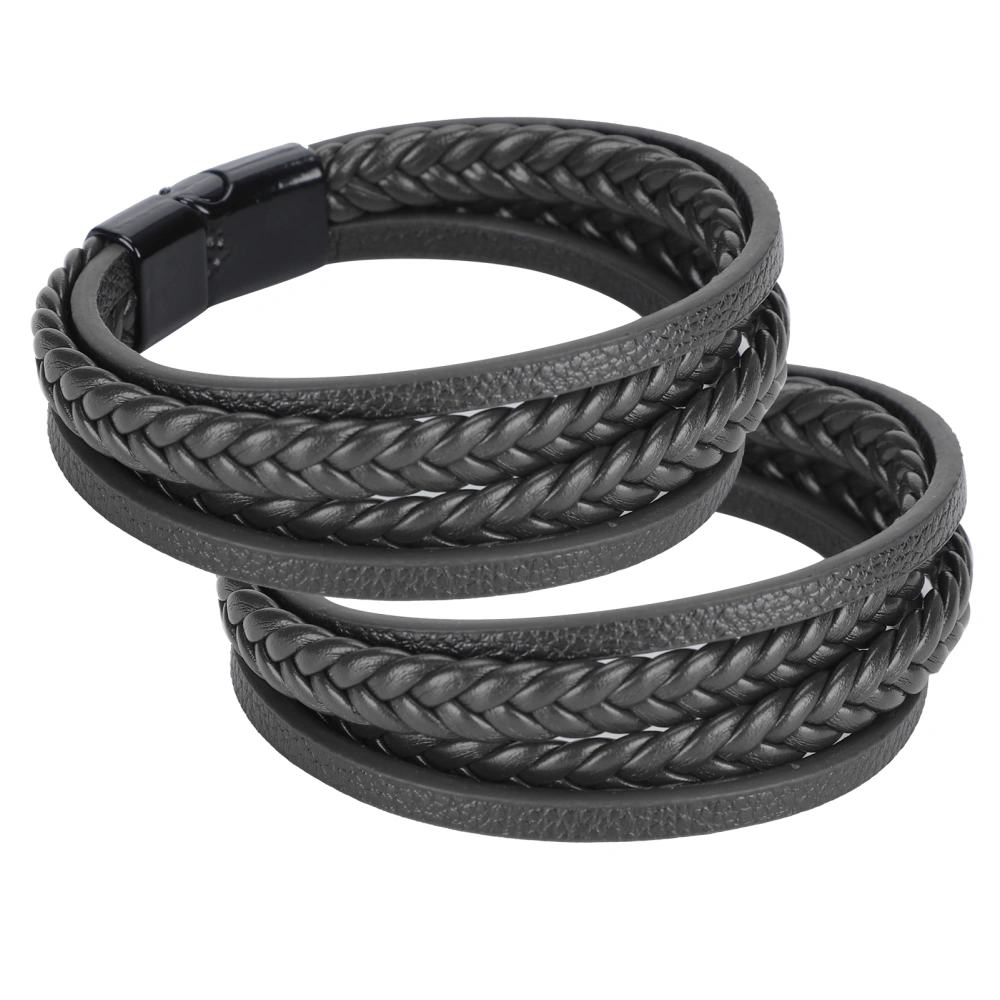 2Pcs Bracelets PU Leather Braided Couple Casual HandMade MultiLayer Wrist Decoration(Black Black Buckle )