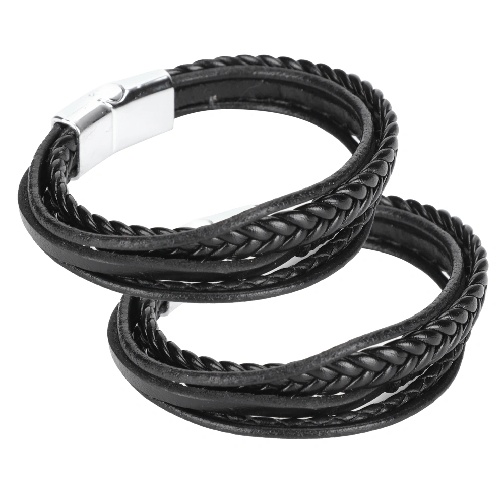 2Pcs Braided PU Leather Bracelet Magnetic Button DIY HandMade Vintage Wrist Cuff Jewelry(White Alloy Button Black Bracelet )