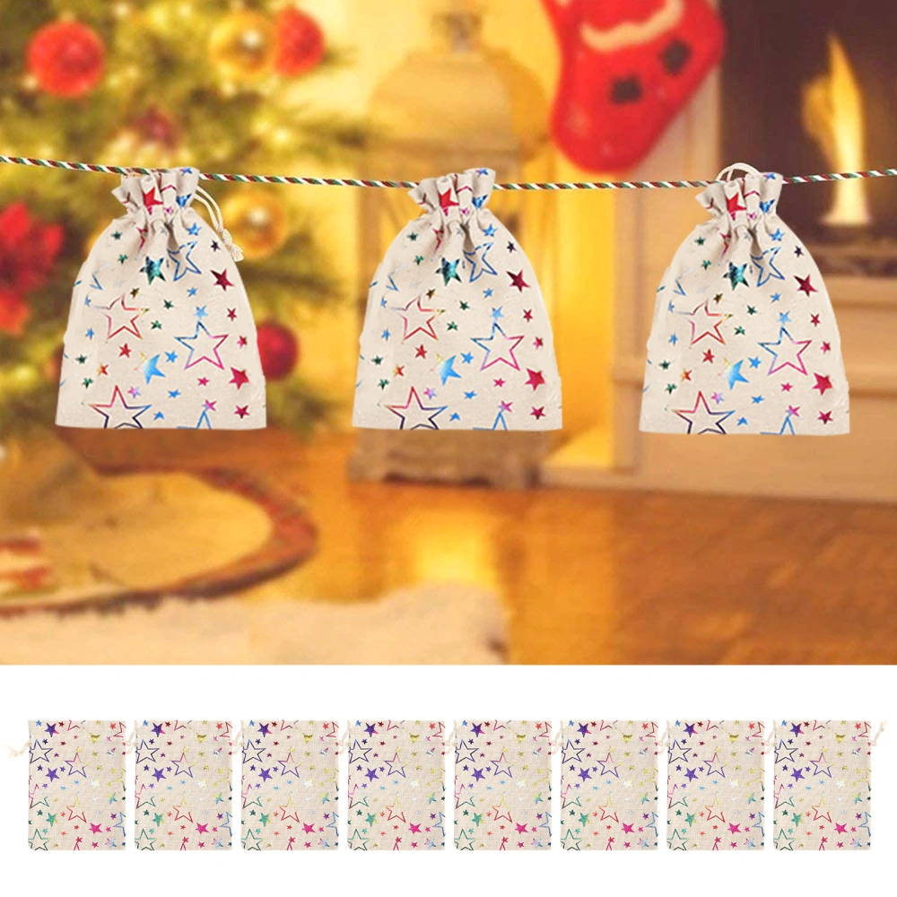 10Pcs Christmas Pouches Linen Like Drawstring Bag Star Pattern for Wrapping Candy Snacks Nut