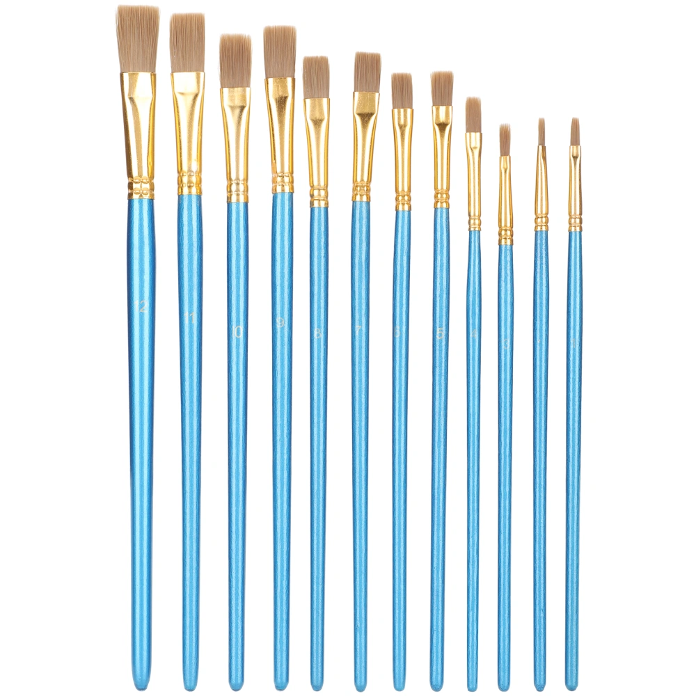 12Pcs Painting Brush Set Flat Tip Nylon Wool Blue Rod Wooden Aluminum Tube Paint Pen