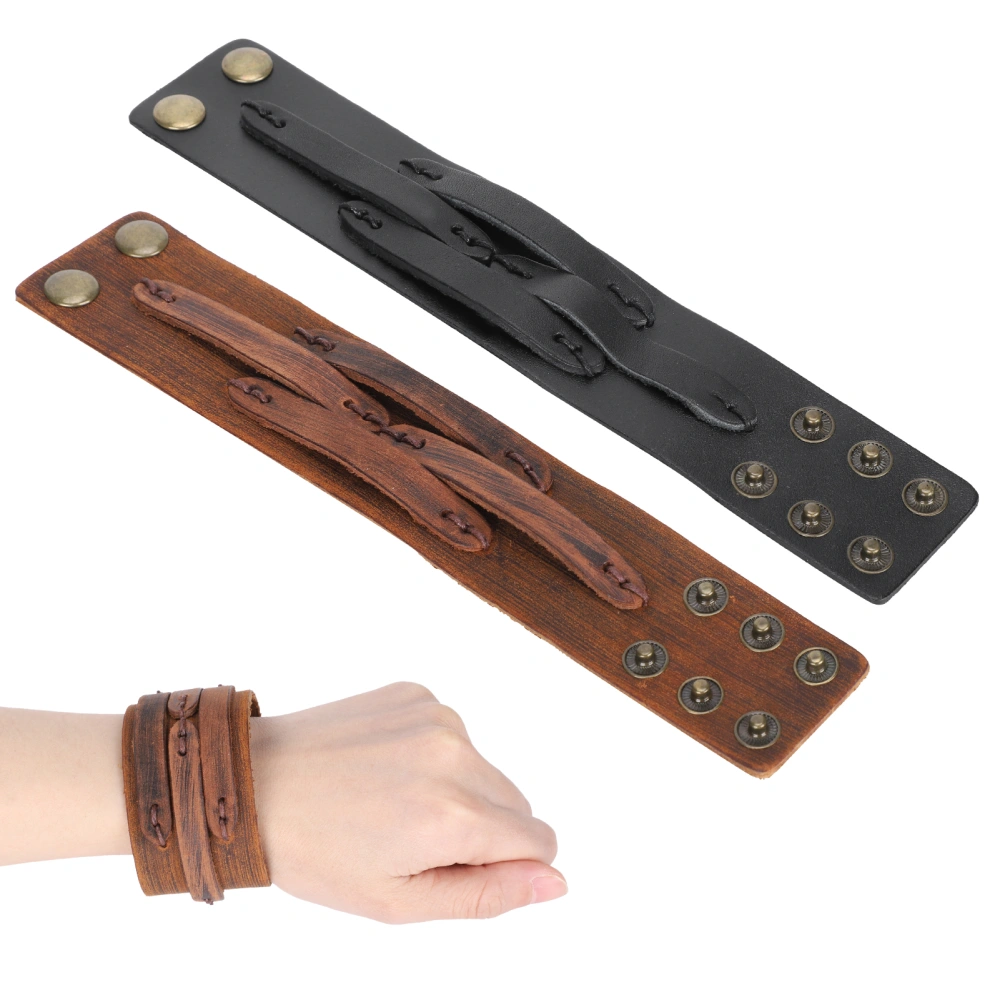 2Pcs Leather Bracelet HandMade Retro Adjustable SnapFastener Casual Ladies Punk Jewelry