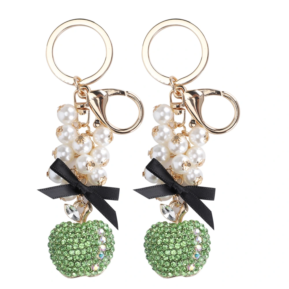 2Pcs Keychain Pendant Pearl Diamond‑Studded Fruit Shape Key Ring Girl Bag Decoration AccessoryGreen