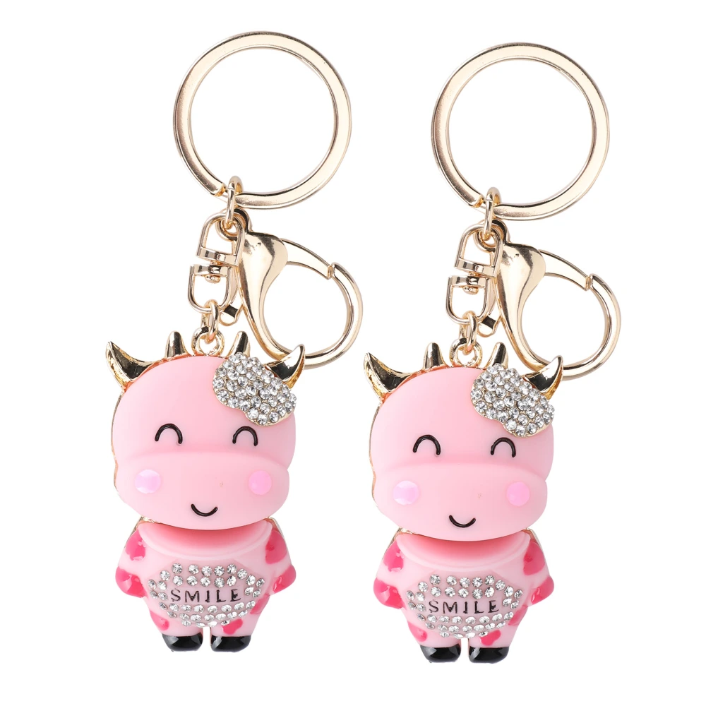 2Pcs Keychain Pendant Cartoon DiamondStudded Resin Small Cow Shape Metal Key Ring Decoration(Pink )