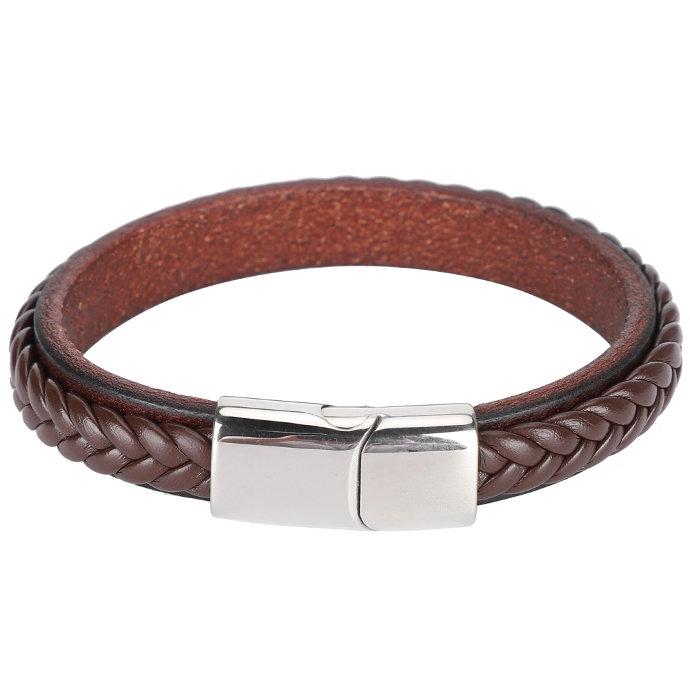 Leather Woven Bracelet Braided Wrist Band Vintage Magnetic Buckle Hand Decoration 20.5cmDark Brown