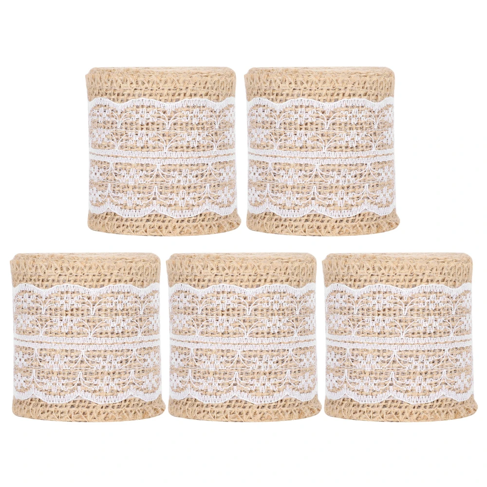 5Pcs Burlap Ribbon Lace Linen Roll Jute Belt DIY Hand Made Hessian Strap Craft Decorations(White )