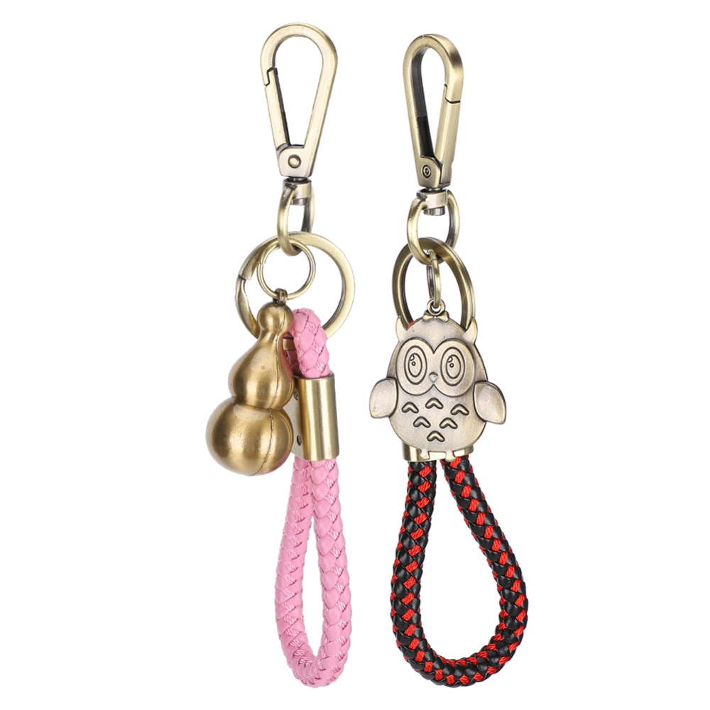 2Pcs Key Chain Cartoon Retro Keychain Creativing Owl Gourd Shape Woven Rope Bag Pendant