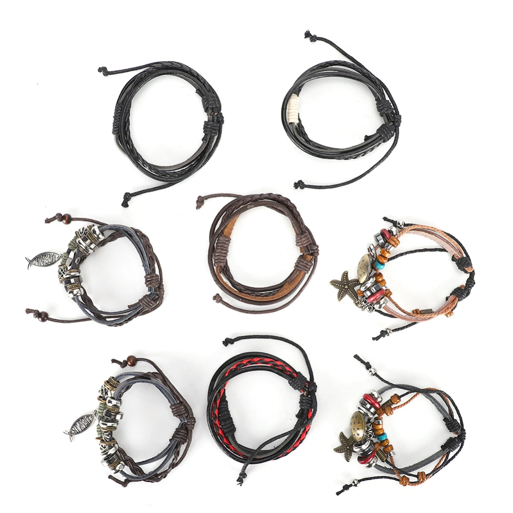 8Pcs Leather Bracelet Hand&#8209;Woven Men's Women's Multilayer Braided Retro Punk Jewelry