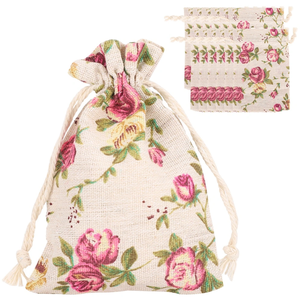 50PCs Burlap Bag Drawstring Flower&#8209;Pattern Jewelry Packing Christmas Day Wedding Party Supplies