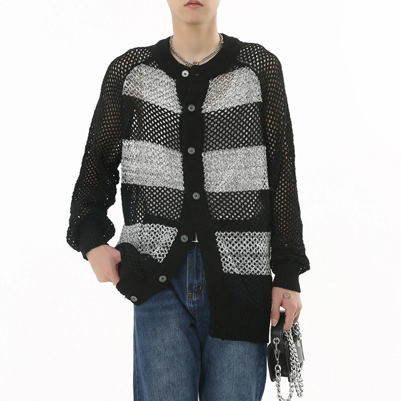 Autumn New Korean Style Contrast Color Striped Hollow Knitted Sweater Coat Ins