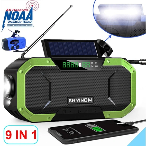 Multifunctional Portable Bluetooth Speaker Hand Crank Solar Radio AM/FM/NOAA Radios LED Flashlight and 5000mAH Power Bank Flashlight SOS Alarm