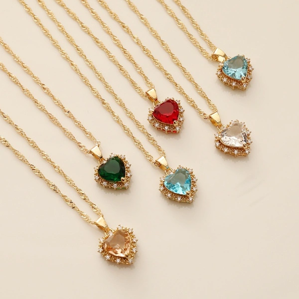 Vintage Gemstone Heart Pendant Necklace Sapphire Rhinestone Gold Plated Chain Necklaces Women Jewelry Zircon Choker