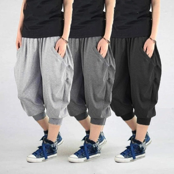 Men Cotton Cropped Pants Shorts Loose Baggy Sport Sweat Jogger Trouser Drawstring Casual