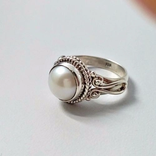 Dazzling 925 Sterling Silver Natural Gemstone Pearl Diamond Ring Bride Wedding Engagement Beautiful Jewelry