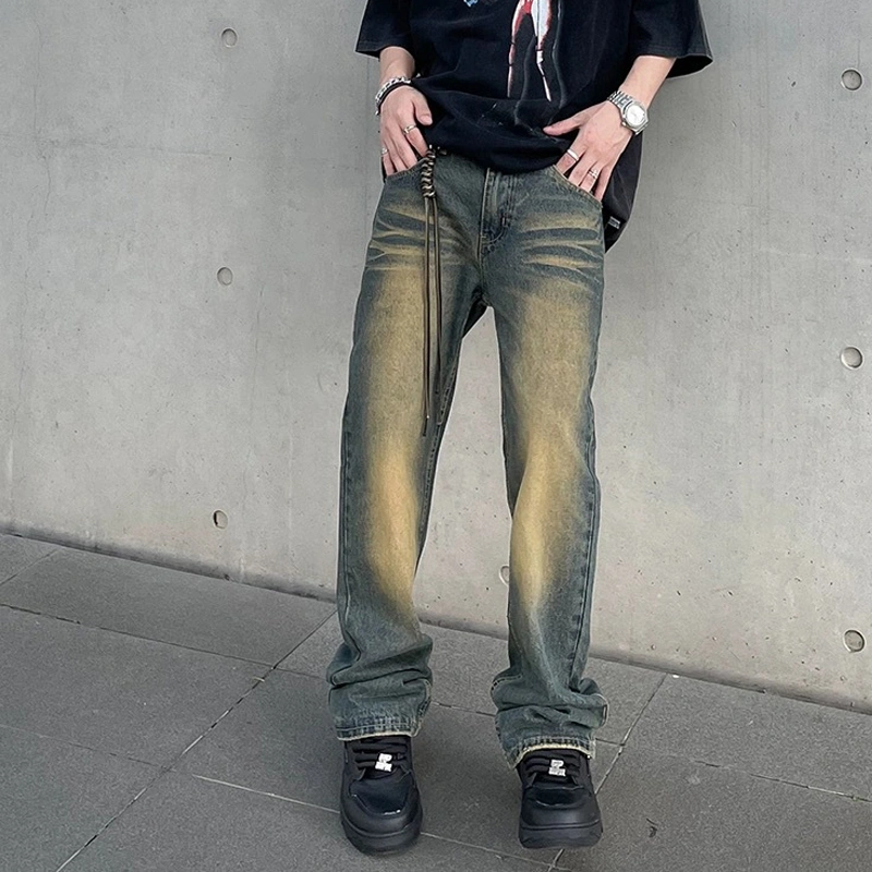 American High Street Vibe Distressed Yellow Mud Dyed Washed Jeans