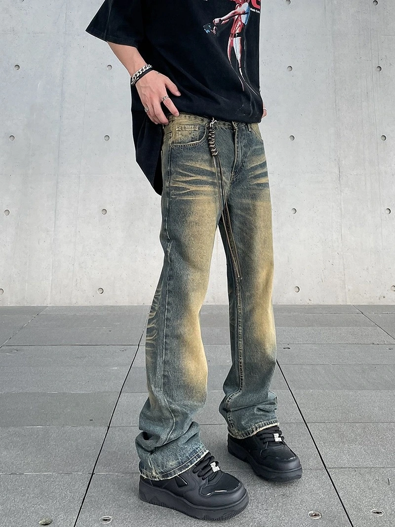 American High Street Vibe Distressed Yellow Mud Dyed Washed Jeans