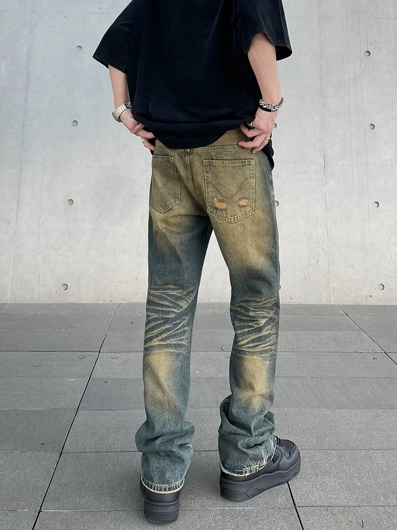 American High Street Vibe Distressed Yellow Mud Dyed Washed Jeans