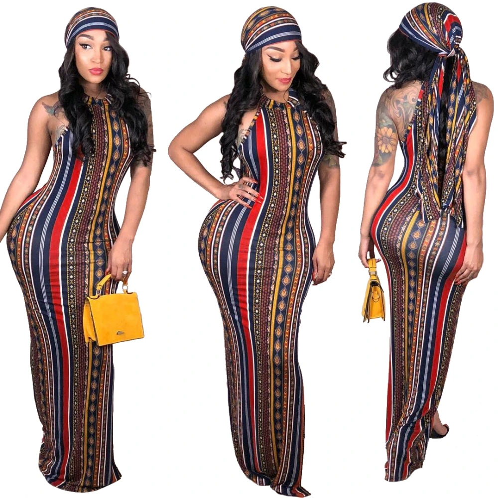 Fashion Sexy Stripes Bohemian Printed Dress Including Headscarf