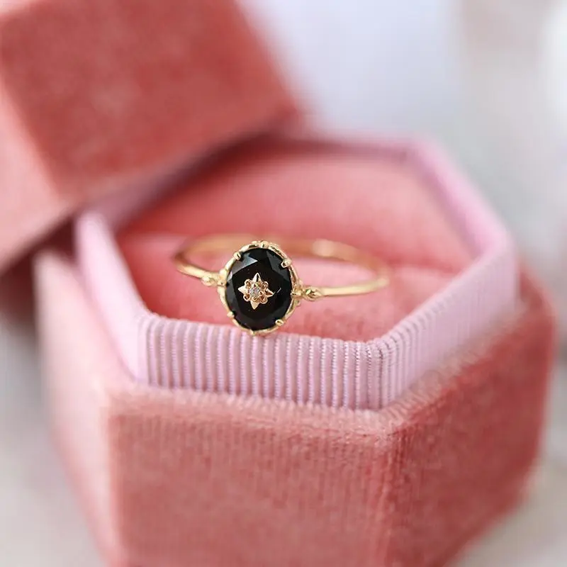 Japanese Inlaid Black Agate Ring Female Ins Mild Luxury Retro Niche