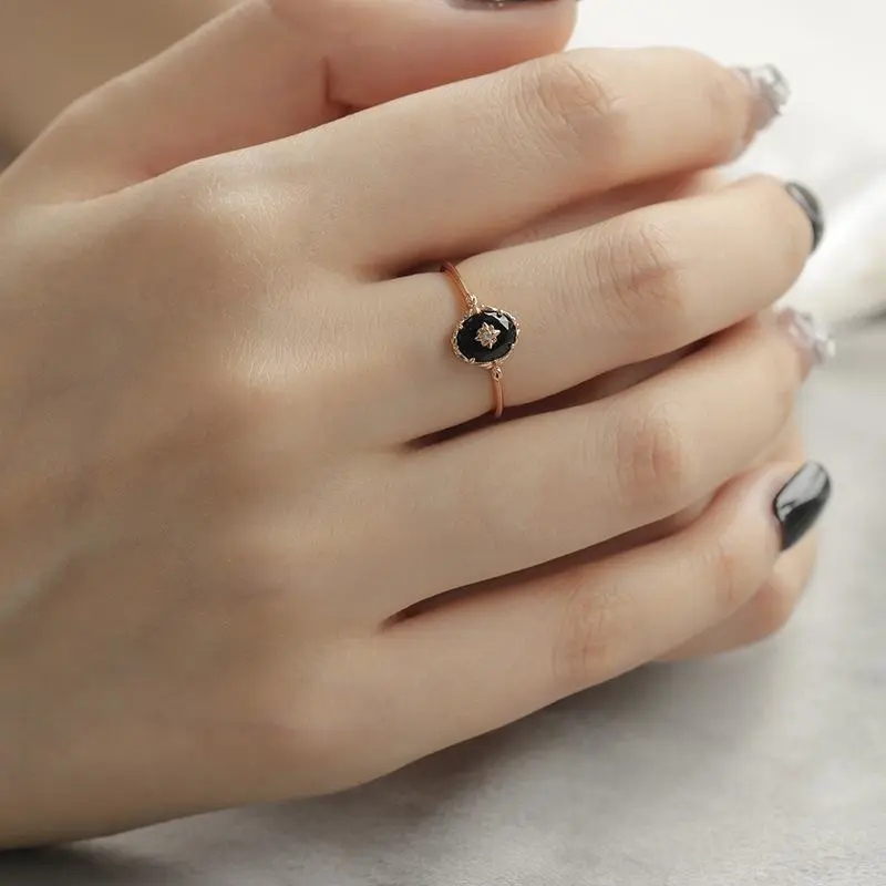 Japanese Inlaid Black Agate Ring Female Ins Mild Luxury Retro Niche