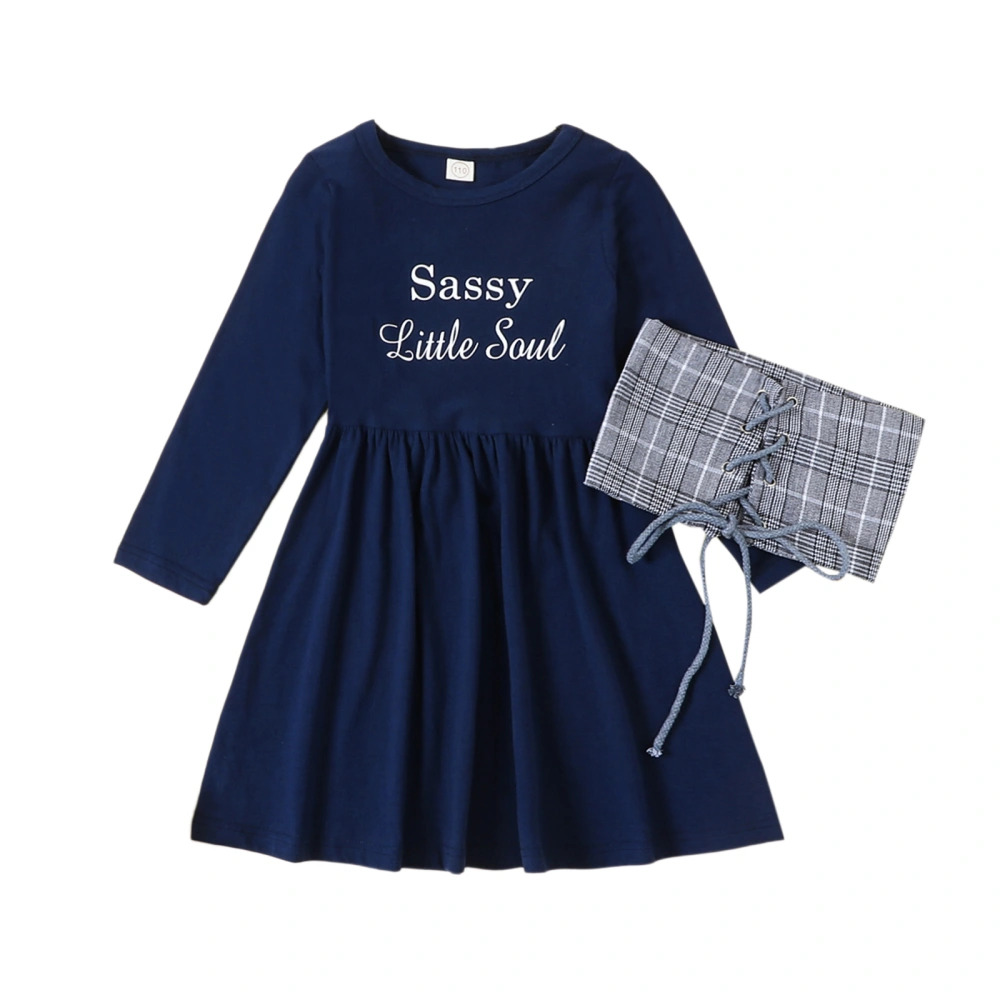 Girl Fall Dress with Wide Belt, Long Sleeve Letter Print A-Line Dress