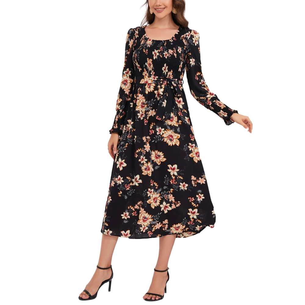 Women Vintage Long Dress Elegant Flower Print U Neck Long Sleeve Dress