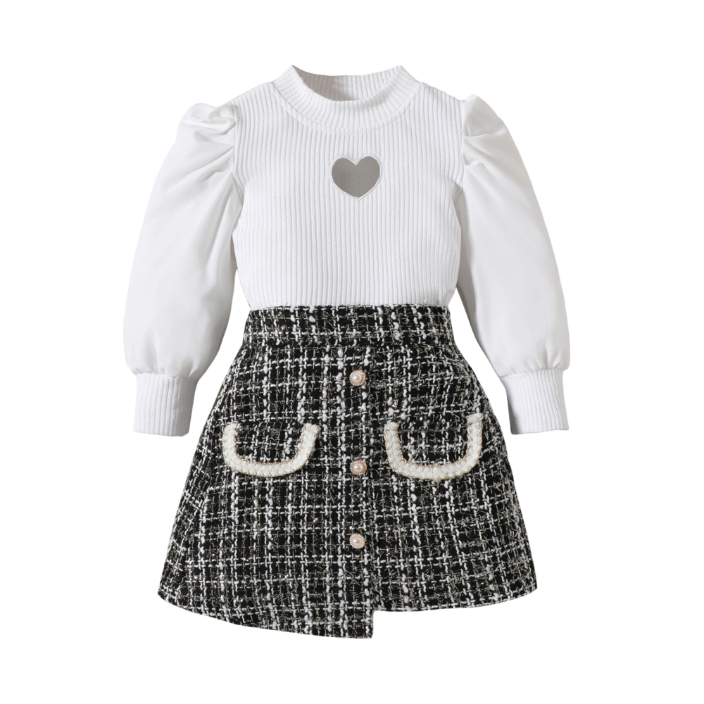 Kids Girl Fall Outfits Heart Cutout Long Sleeve Tops Plaid Skirts