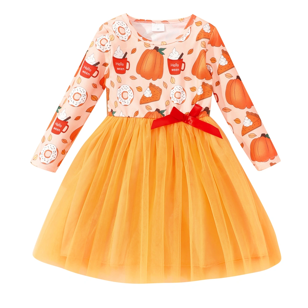 Halloween Girls Tulle Dress, Long Sleeve Pumpkin Dessert A-line Dress