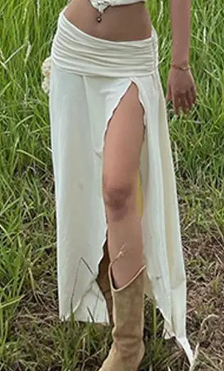 Women's Solid Color Ruched Side Split Long Skirt for Travel, Beach