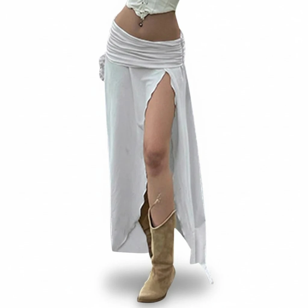 Women's Solid Color Ruched Side Split Long Skirt for Travel, Beach