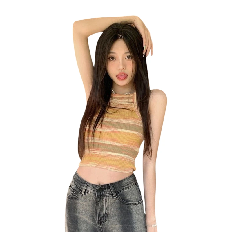 Women Knit Tank Tops Aesthetic Striped Backless Sleeveless Crop Tops